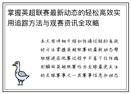 掌握英超联赛最新动态的轻松高效实用追踪方法与观赛资讯全攻略